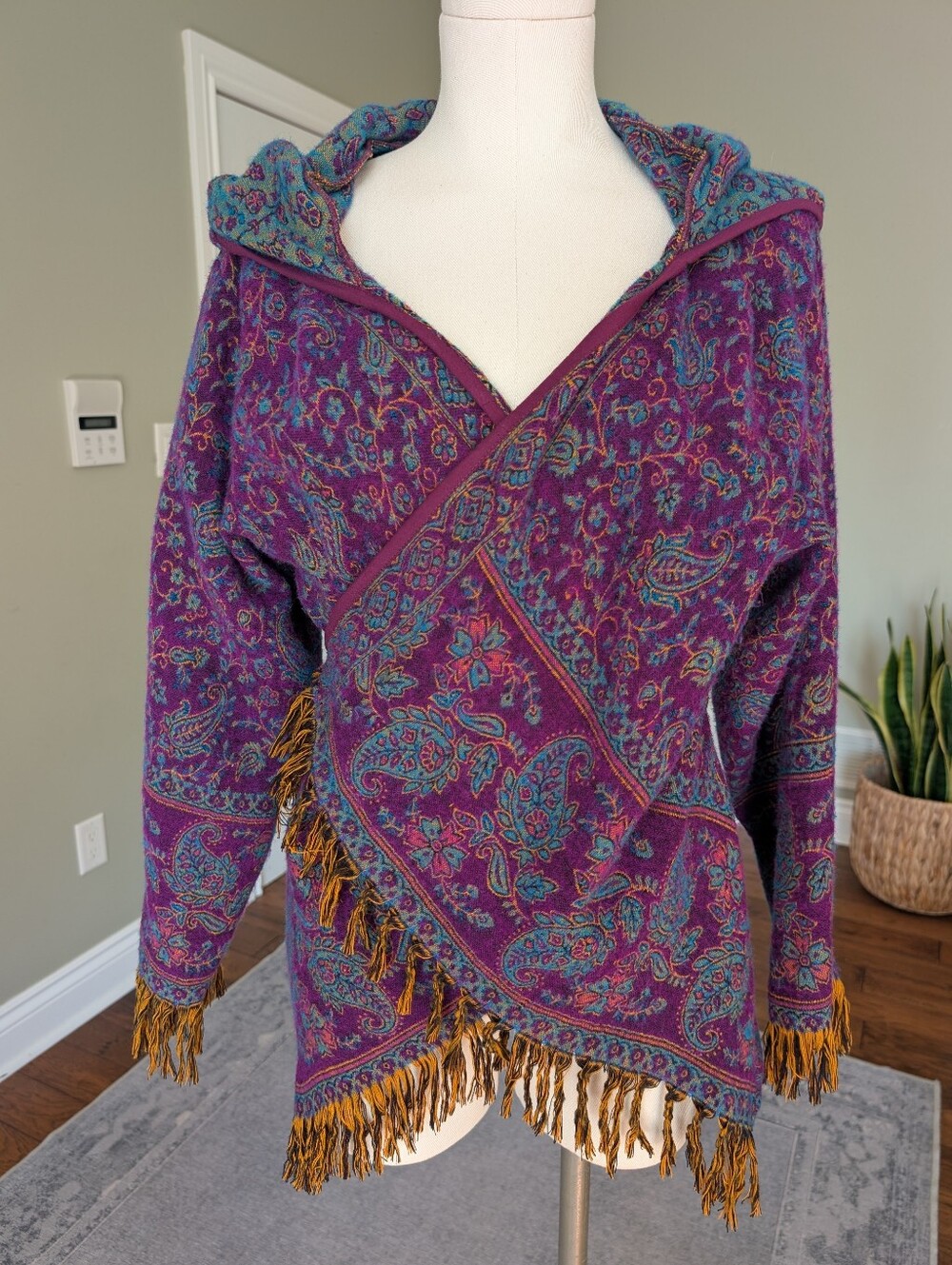 Me You Wool Blend Paisley Hooded Wrap Cardigan Boho Cozy Fringe L/XL